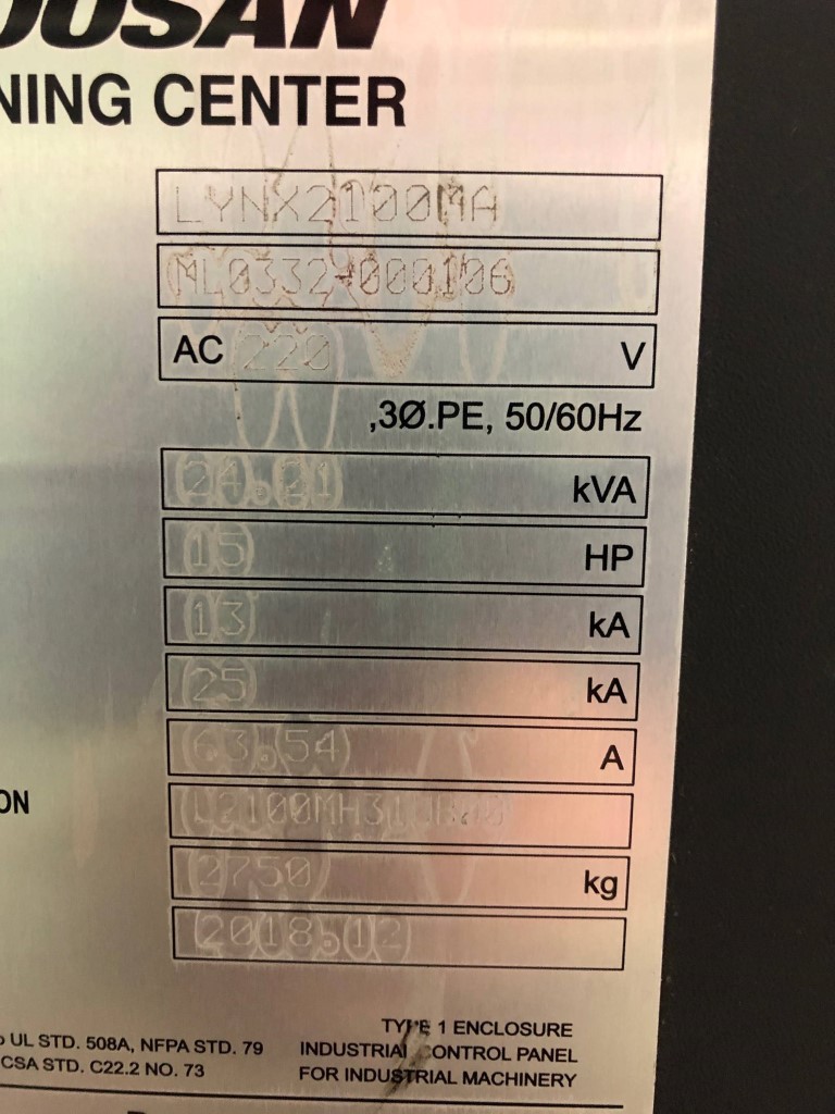 Doosan Lynx 2100MA, Machine ID: 8005